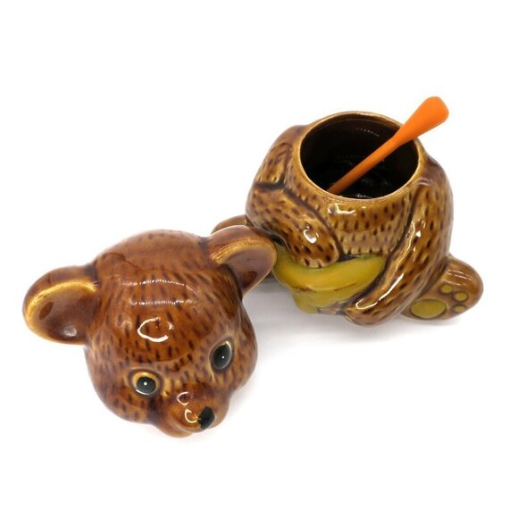 Ceramic Bear Honey Pot Jar with Dipper Houston Foods 3 Piece Retro 80s Kitsch - Picture 4 of 7